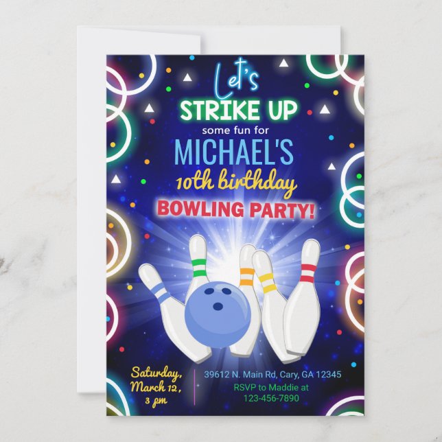Invitación Bowling, strike up some fun, boy birthd (Anverso)