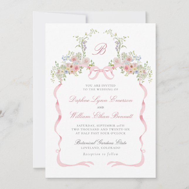 Invitación Bows and Wildflowers Wedding Invitation (Anverso)