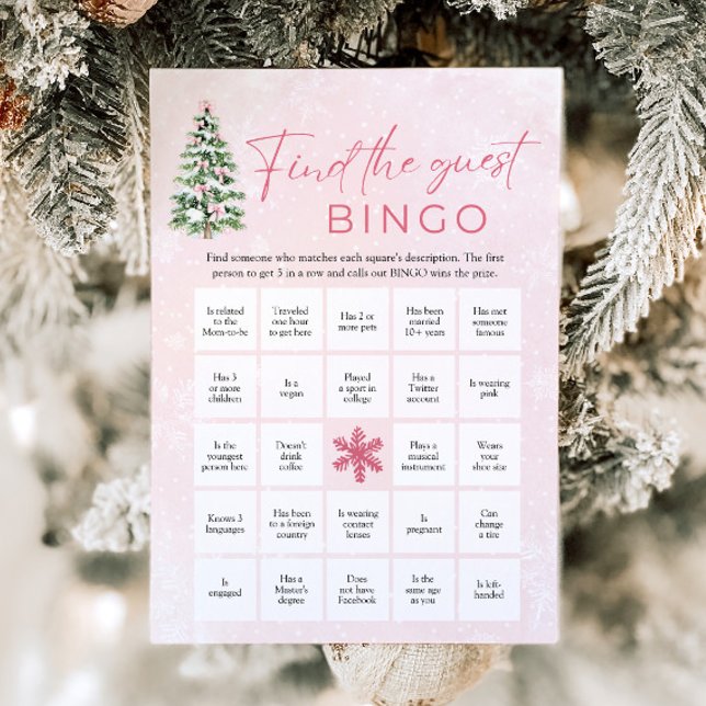 Invitación Bows Navidades Encuentra el Bingo Invitado Baby Sh (Pink Bows Christmas Find the Guest Bingo Baby Shower Game)