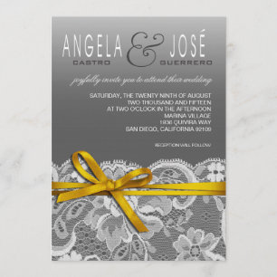 Invitación Bows Ribbon & Lace Boda   gris amarillo