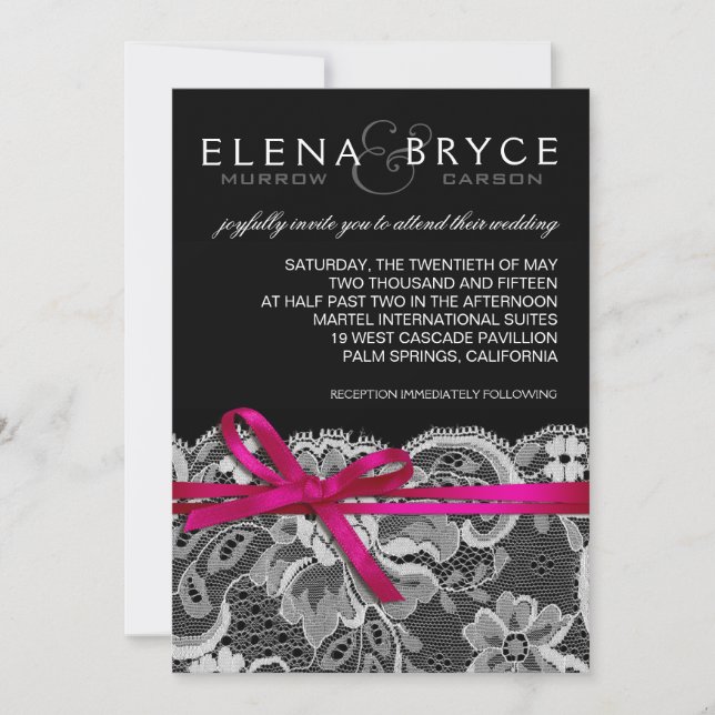Invitación Bows Ribbon y Lace Boda fuschia negra (Anverso)
