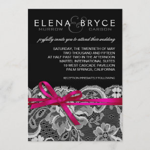 Invitación Bows Ribbon y Lace Boda fuschia negra