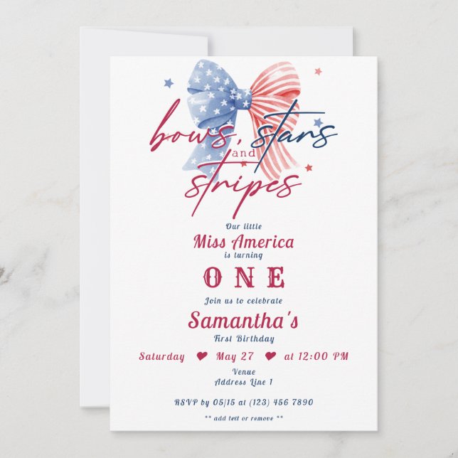 Invitación Bows Stars and Stripes Miss América Chicas Cumplea (Anverso)
