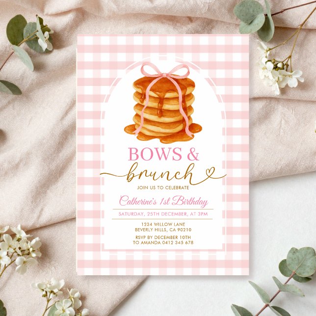 Invitación Bows y Brunch Pancake Azul Baby Shower Gingham (Subido por el creador)