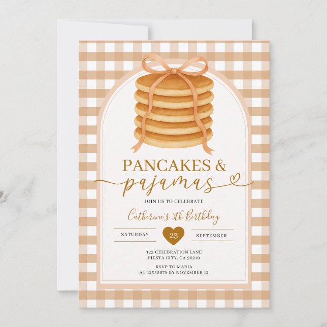 Invitación Bows y Brunch Pancake Brown Primer cumpleaños Ging (Anverso)
