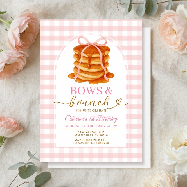 Invitación Bows y Brunch Pancake Rosa 1er cumpleaños Gingham (Subido por el creador)