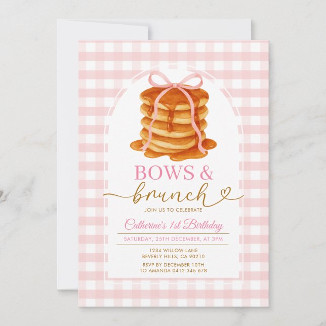Invitación Bows y Brunch Pancake Rosa 1er cumpleaños Gingham (Anverso)