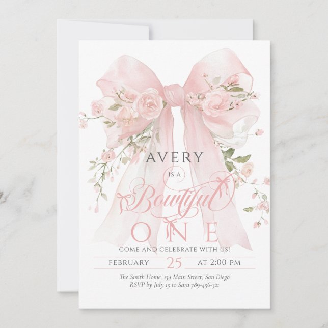 Invitación Bowtiiful One 1st Birthday Floral Bow Girls (Anverso)