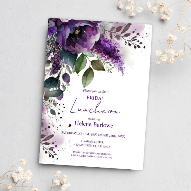 Invitación Boxeador Morado Floral Bridal Shower Luncheon (Botanical Purple Floral Bridal Shower Luncheon Invitation)