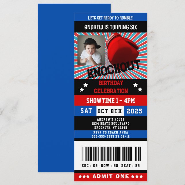 Invitación Boxeo azul rojo ticket de cumpleaños foto (Anverso / Reverso)