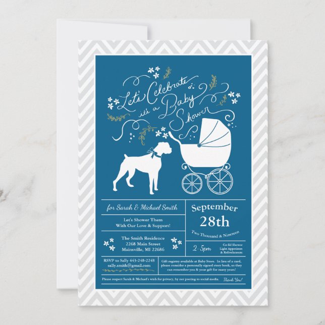 Invitación Boxer Dog Baby Shower Blue Boy (Anverso)