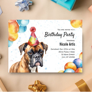 Invitación Boxer Dog Mascota Animal acuarela Fiesta de cumple