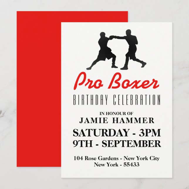 Invitación Boxing Silhouette Birthday Party (Anverso / Reverso)