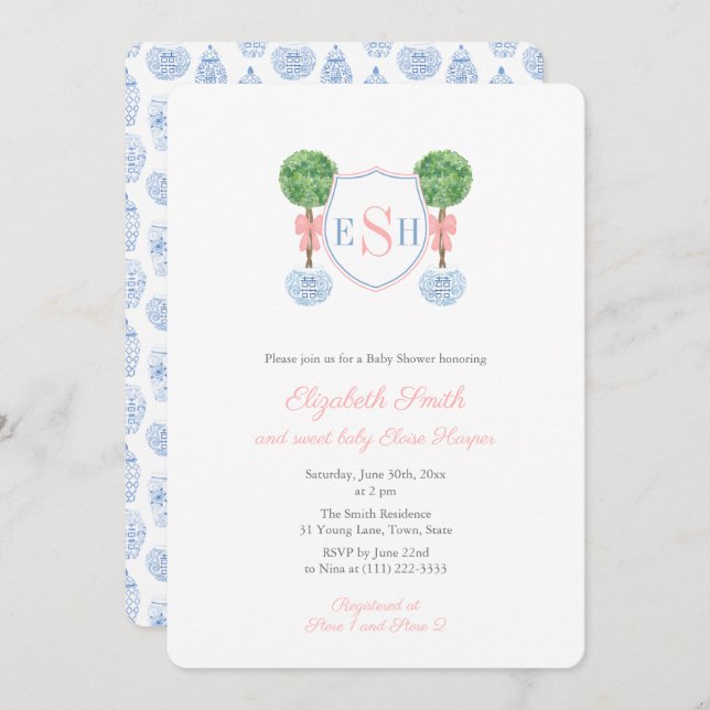 Invitación Boxwood Monogram Ginger Jar Chica Baby Shower Fies (Anverso / Reverso)