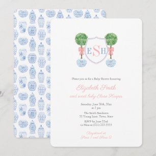 Invitación Boxwood Monogram Ginger Jar Chica Baby Shower Fies