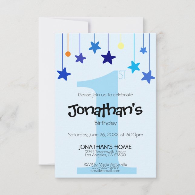 Invitación Boy 1 CUMPLEAÑOS Guay Light Blue Stars (Anverso)