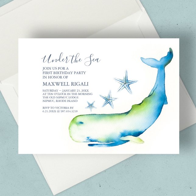 Invitación Boy 1 Nacimiento Acuarela Estrella de Ballena (1st birthday under the sea watercolor whale and starfish nautical blue)