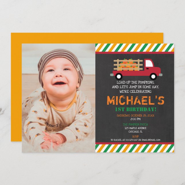 Invitación Boy 1 primer cumpleaños parche de calabaza hallowe (Anverso / Reverso)