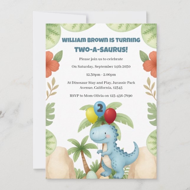 Invitación Boy 2nd Birthday Dinosaur Two A Saurus Invitation (Anverso)