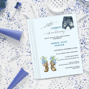 Invitación Boy A Little Cowboy Boots Blue Floral Baby Shower