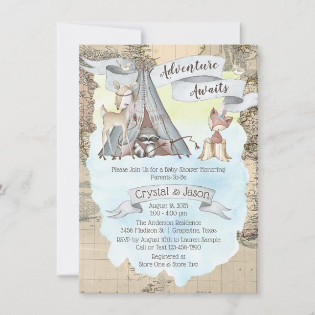 Invitación Boy Adventure Awath Travel Map Baby Shower (Anverso)