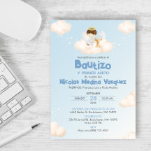 Invitación Boy Angel Bautismo y Primer Cumpleaños