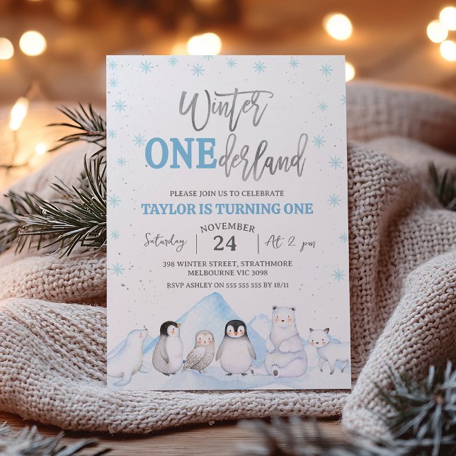 Invitación Boy Arctic Animals Invierno Terranova Primer cumpl (Boys Winter Onederland Birthday Invitation Silver Blue Arctic Animals Snowflakes Winter One-derland )