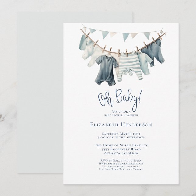 Invitación Boy Baby Clothesline Boy Baby Shower (Anverso / Reverso)