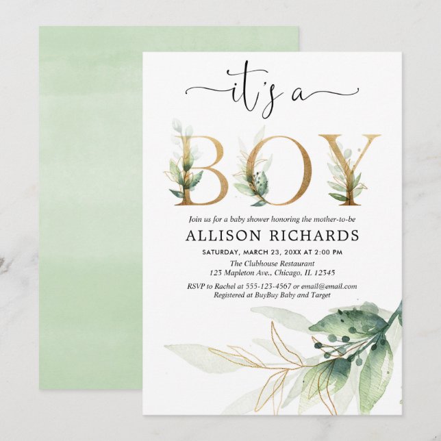 Invitación Boy baby ducha verde hojas de oro modernas (Anverso / Reverso)