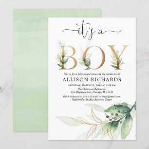 Invitación Boy baby ducha verde hojas de oro modernas