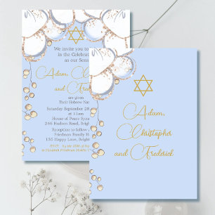 Invitación Boy Baby Hebreo Twin Triplet Naming Blue