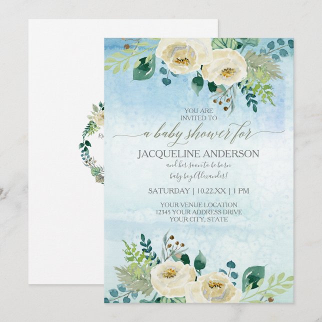 Invitación Boy Baby Shower acuarela Blue White Rose Floral (Anverso / Reverso)