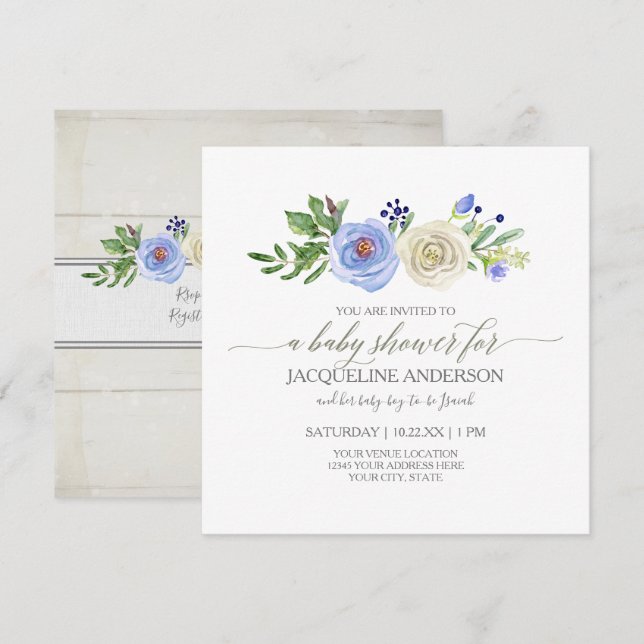 Invitación Boy Baby Shower azul y blanco Roses madera rústica (Anverso / Reverso)