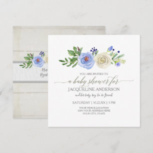 Invitación Boy Baby Shower azul y blanco Roses madera rústica