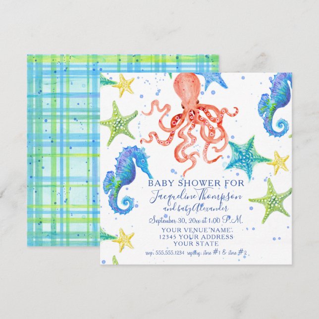 Invitación Boy Baby Shower Beach Starfish Octopus Seahorse (Anverso / Reverso)