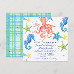 Invitación Boy Baby Shower Beach Starfish Octopus Seahorse