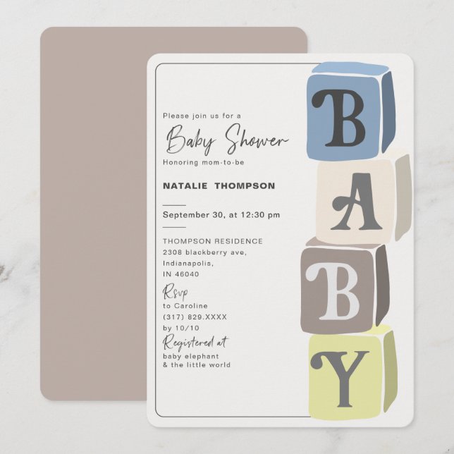 Invitación Boy Baby Shower Blocks (Anverso / Reverso)