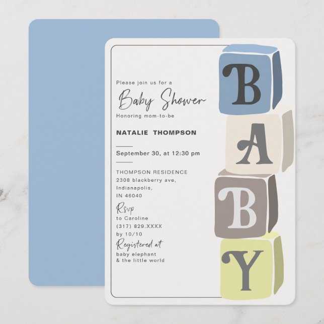Invitación Boy Baby Shower bloquea el azul (Anverso / Reverso)