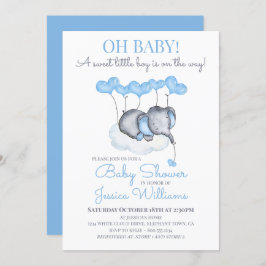 Invitación Boy Baby Shower Blue Elephant en la nube
