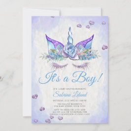 Invitación Boy Baby Shower Blue Fantasy Sleeping Unicorn