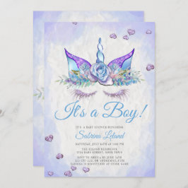 Invitación Boy Baby Shower Blue Fantasy Sleeping Unicorn