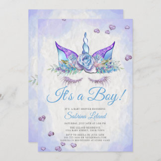 Invitación Boy Baby Shower Blue Fantasy Sleeping Unicorn