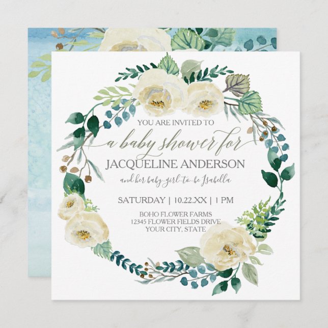 Invitación Boy Baby Shower Blue n White Roses Leaf Wreath (Anverso / Reverso)