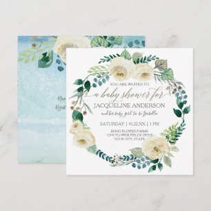 Invitación Boy Baby Shower Blue n White Roses Leaf Wreath