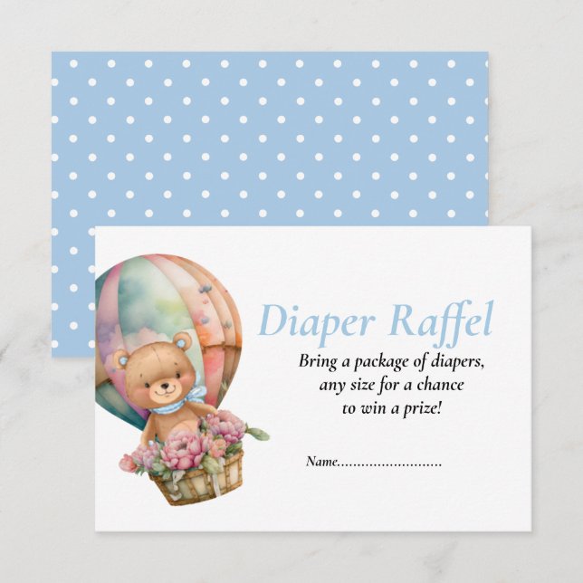 Invitación Boy Baby Shower Blue Teddy Balloons Diaper Raffel (Anverso / Reverso)