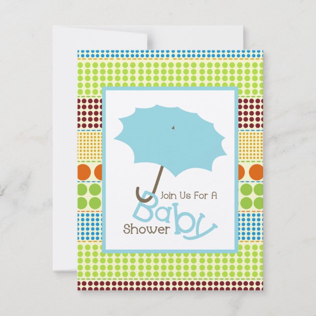 Invitación Boy Baby Shower Blue Umbrella & Boho Dots (Anverso)