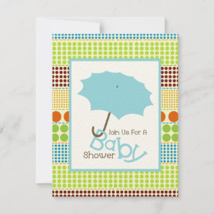 Invitación Boy Baby Shower Blue Umbrella & Boho Dots