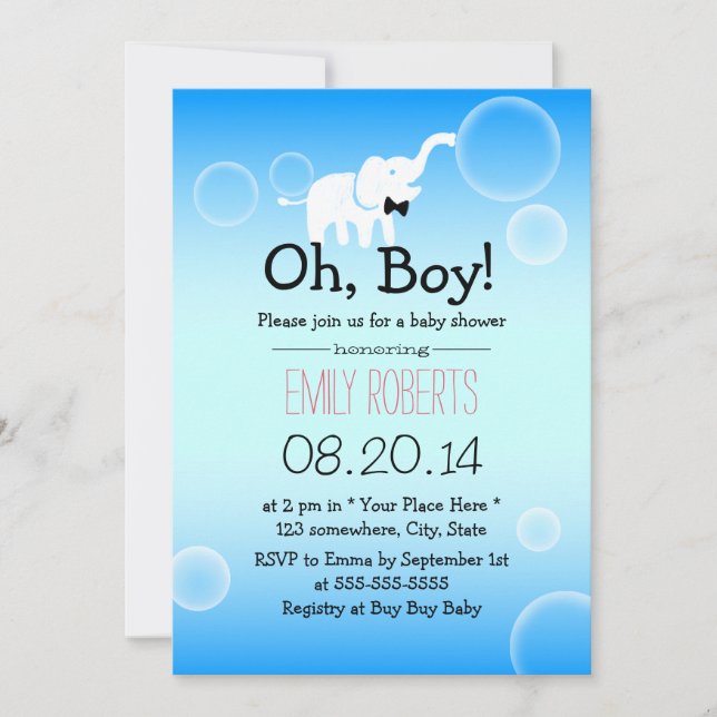 Invitación Boy Baby Shower Cute Elefante y Burbujas (Anverso)