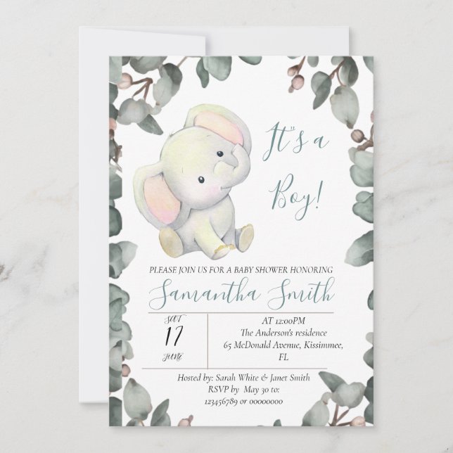 Invitación Boy Baby Shower Elephant Eucalyptus Leaves (Anverso)