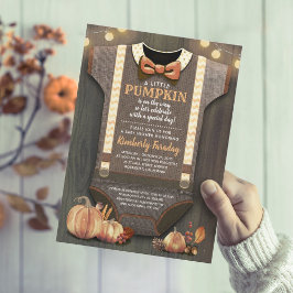 Invitación Boy Baby Shower Fall Pumpkin Rústico Burlap Wood